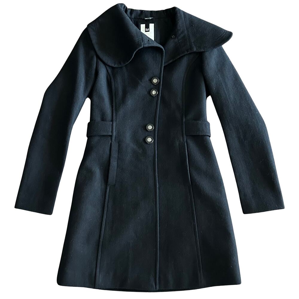 Soia & Kyo Black Wool Blend Coat Small Oversized Collar Belted Fit Flare Lined